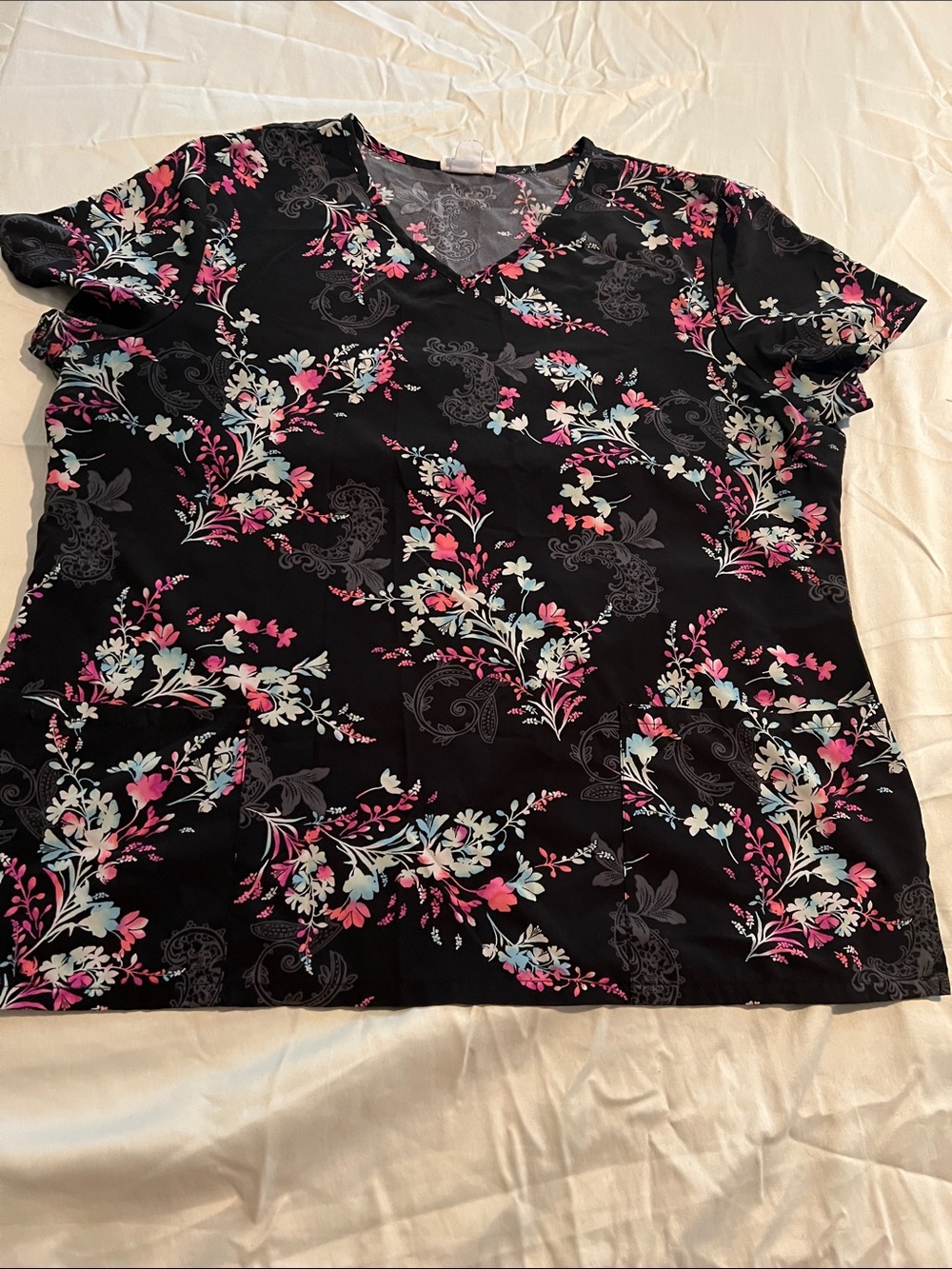 Women’s scrubs Floral V-Neck Top in Black with Pink & Blue Accents